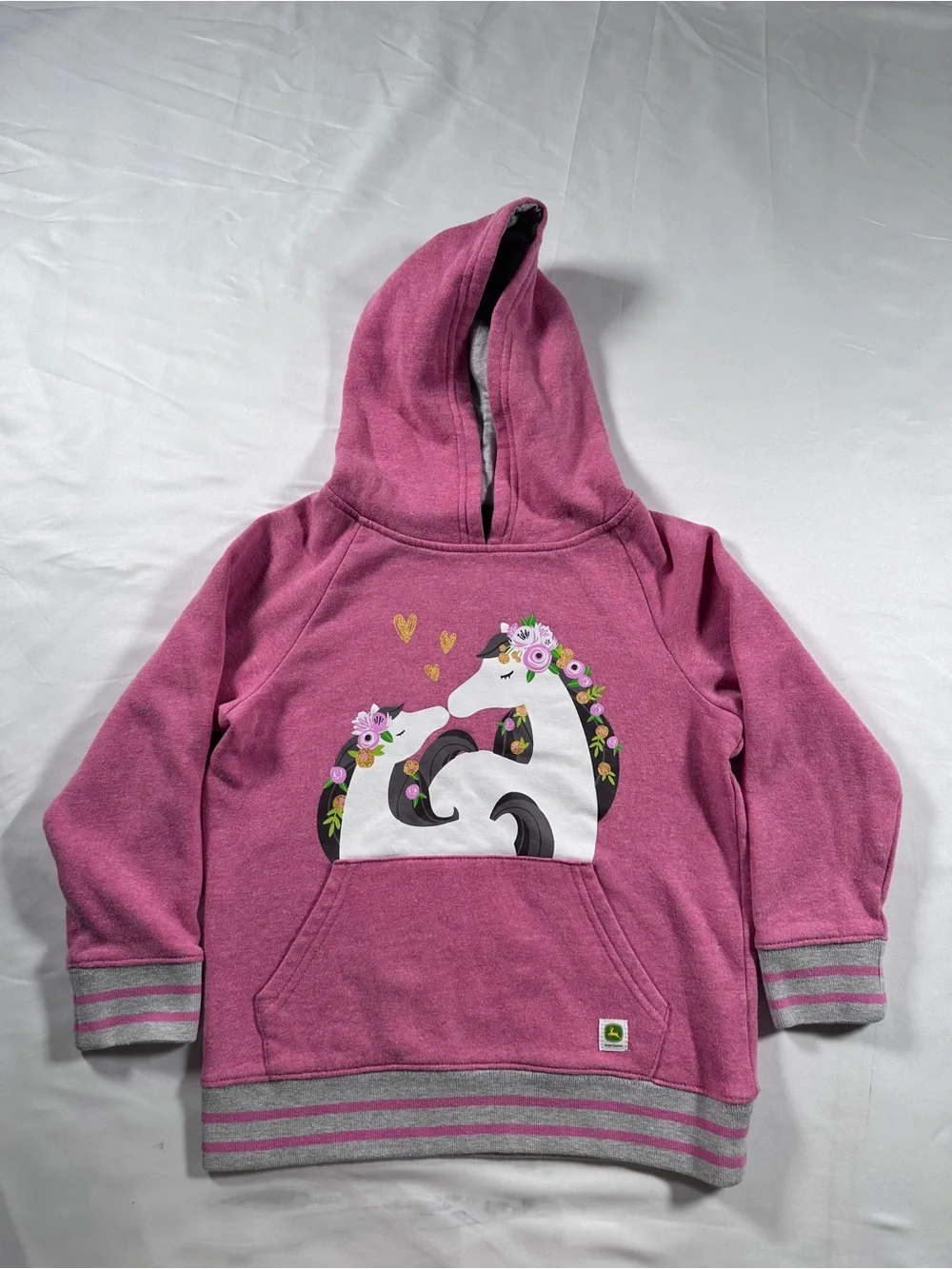 John Deere Girls Pink Floral Horse Graphic Pullover Hoodie - Size 6X